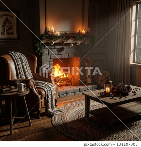 Cozy Living Room with Fireplace Armchair and Coffee Table in Warm Light 131107303
