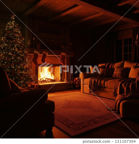 Cozy Christmas Living Room Interior with Fireplace and Decorated Tree 131107304