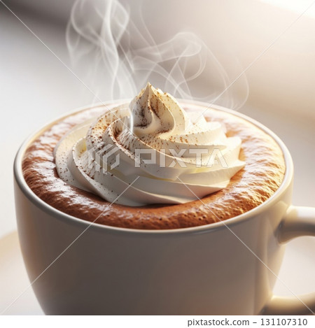 Steaming Hot Chocolate with Whipped Cream Topping and Cocoa Powder Steaming Hot Chocolate with Whipped Cream Topping and Cocoa Powder 131107310