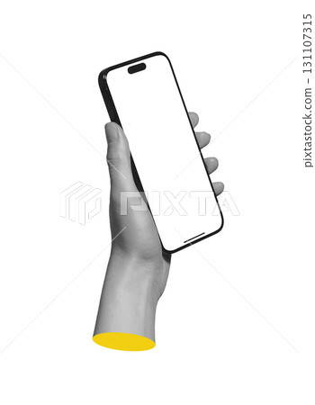 Lodz Poland May 01 2025 Hand gripping smartphone with clear display. Mobile screen template for 131107315