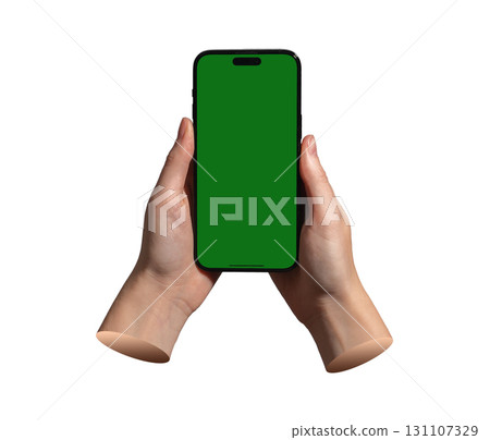 Lodz Poland May 01 2025 Horizontal phone in two hands with clear screen. Template for mobile app or Lodz Poland May 01 2025 Horizontal phone in two hands with clear screen. Template for mobile app or 131107329