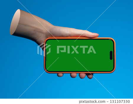 Lodz Poland May 01 2025 Horizontal smartphone display in hands. Blank screen shown on solid blue Lodz Poland May 01 2025 Horizontal smartphone display in hands. Blank screen shown on solid blue 131107330