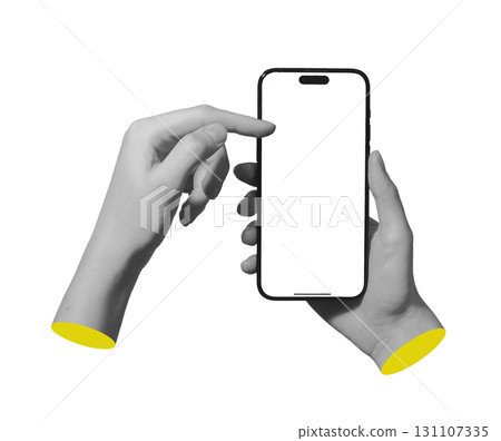 Lodz Poland May 01 2025 Phone display mockup in hand. Finger moves across screen to surf internet. 131107335