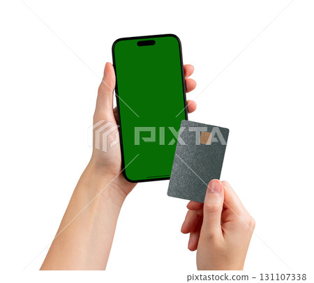 Lodz Poland May 01 2025 Phone in hand with card. Female client holding smartphone with blank screen, Lodz Poland May 01 2025 Phone in hand with card. Female client holding smartphone with blank screen, 131107338