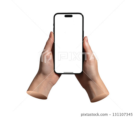 Lodz Poland May 01 2025 Phone screen mockup in two hands. Blank display ready for application or 131107345