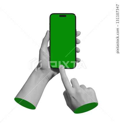 Lodz Poland May 01 2025 Smartphone held by both hands. Index finger clicks on blank display. Ideal Lodz Poland May 01 2025 Smartphone held by both hands. Index finger clicks on blank display. Ideal 131107347