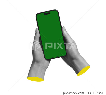 Lodz Poland May 01 2025 Smartphone held with both hands showing empty screen. Ideal for advertising 131107351