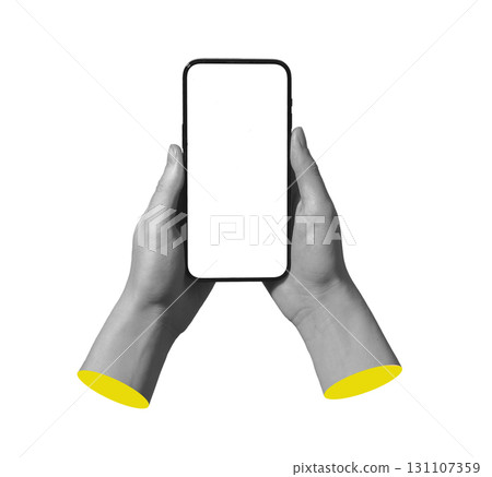 Mockup of smartphone display held between hands. Clean layout for digital design or product showcase 131107359