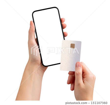mockup. Card and smartphone in hand with payment app, ecommerce money transfer, financial tool, 131107360