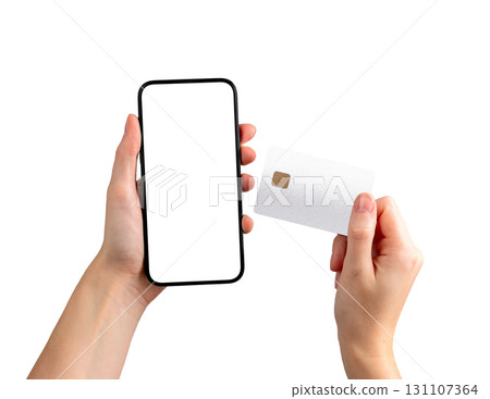 Online payment app. Phone screen held by female client, credit card transfer, banking service, 131107364