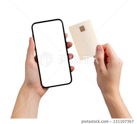Payment made online. User holding card and phone, using finance application, digital commerce, money Payment made online. User holding card and phone, using finance application, digital commerce, money 131107367