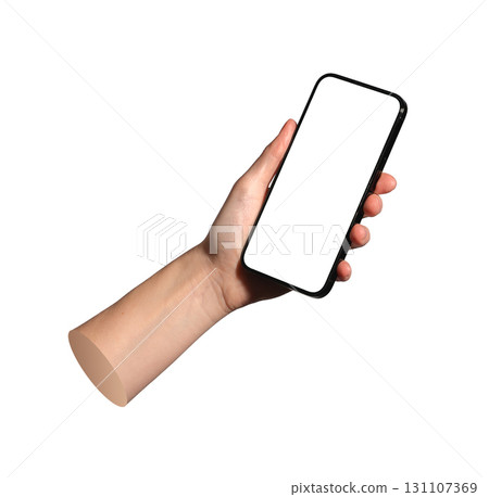 Phone held upright with empty screen. Useful mockup for mobile layout testing. Isolated on white Phone held upright with empty screen. Useful mockup for mobile layout testing. Isolated on white 131107369