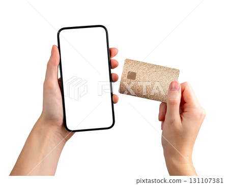 Phone screen with card. Female client holding smartphone with blank display, using mobile 131107381