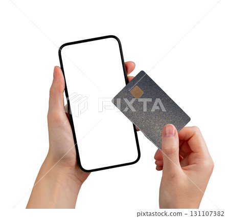 Phone screen with card. Woman holding smartphone with blank display, using mobile app for online 131107382