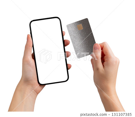 Screen in user hand. Card and smartphone used for ecommerce, money, mobile finance, application Screen in user hand. Card and smartphone used for ecommerce, money, mobile finance, application 131107385