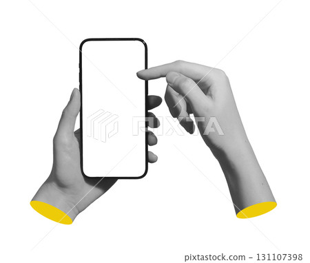 Smartphone in hands with finger swiping, scrolling blank display. Clear screen mockup isolated on Smartphone in hands with finger swiping, scrolling blank display. Clear screen mockup isolated on 131107398