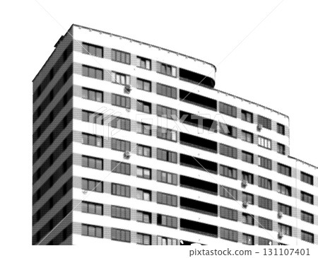 Stylized high-rise building in halftone effect. Abstract residential architecture with curved facade Stylized high-rise building in halftone effect. Abstract residential architecture with curved facade 131107401