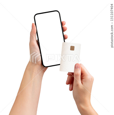 Transfer app on phone. Female user holding card and smart device for finance service, advertising 131107404