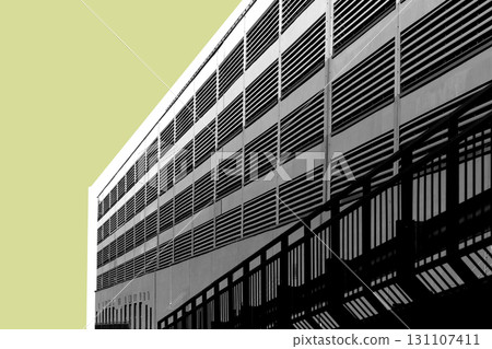 Ventilation facade structure. Contemporary building with metal louver panels, repetitive pattern and Ventilation facade structure. Contemporary building with metal louver panels, repetitive pattern and 131107411