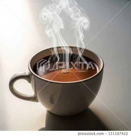 Hot Dark Chocolate Beverage in White Ceramic Mug with Rising Steam on Light Surface 131107422
