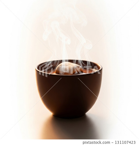 Steaming Hot Chocolate in Brown Bowl with Melting Marshmallow on White Background 131107423