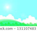 Background illustration with hills, sun, sky and trees 131107483
