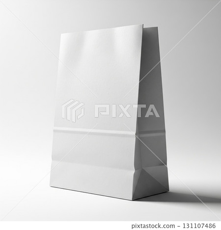 Blank White Paper Bag on White Background with Soft Lighting Mockup 131107486
