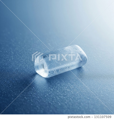 Translucent Ice Cube on Reflective Surface in Blue Tones Studio Shot 131107509