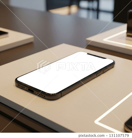 Smartphone Mockup with Blank White Screen on Illuminated Display Stand 131107579