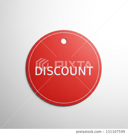 Red Circular Tag with Discount Text on White Textured Background 131107599