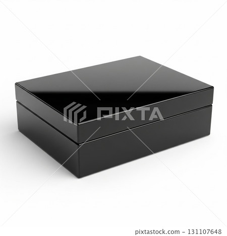 Elegant Rectangular Black Lacquered Box Closed on White Background in Studio Lighting 131107648