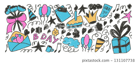 Birthday party charcoal drawn set. Celebration holiday doodle isolated on white background. Gift, confetti and cake with candle, balloons for festive. Vector scribbles elements illustration by pencil 131107738