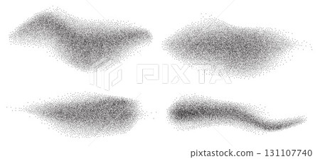 Noise gradation fly spot shapes set. Grainy texture black splash splodges elements. Wide dotwork forms. Vector gritty wavy lines. Grunge food figures 131107740