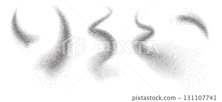 Noise gradient fly curved shapes set. Grainy texture splash wavy long textured elements. Black dotwork seed forms. Vector gritty wavy lines. Grunge cooking figures 131107741
