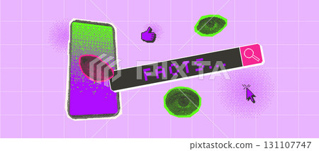 Facts search bar halftone and pixel stickers background template. Collage with pixel art and magazine cutouts. Retro cover with neon colors. Vector y2k illustration isolated on pink background 131107747