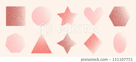 Girly noise gradation geometric figures set. Coquette grainy textured pink y2k elements. Oval, rectangle, star and circle rough text boxes. Vector gritty stickers forms. Grunge geometry callouts 131107751