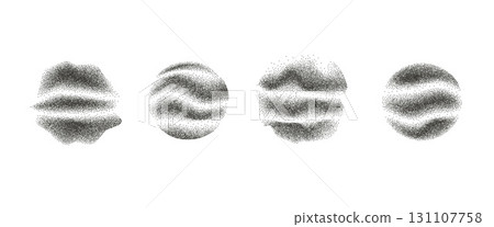 Noise etching circular and abstract element with wave lines set. Grunge irregular dotwork gradient circles. Black round halftone shapes of dots texture. Vector ink paint spray uneven rough orbs icons Noise etching circular and abstract element with wave lines set. Grunge irregular dotwork gradient circles. Black round halftone shapes of dots texture. Vector ink paint spray uneven rough orbs icons 131107758