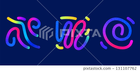 Colorful grunge noise gradient abstract shapes set. Wavy grain squiggles figures collection. Decorative doodles. Iridescent curved geometric confetti. Vector gradations strokes on blue background 131107762