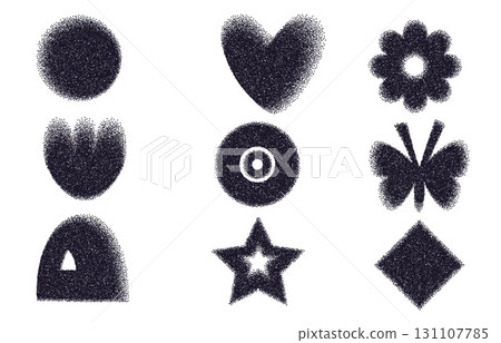 Noise gradient geometric shapes set. Y2k retro grain heart, butterfly and circle with flower. Black gritty gradation star, arch on transparent background. Trendy textured forms. Vector illustration 131107785