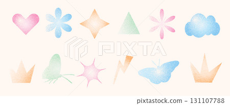 Grain gradient shapes. Dots geometric figures set. Y2k retro star and triangle with flower. Colorful butterfly, crown on beige background. Trendy effect with stippling texture. Vector illustration 131107788