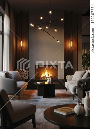 Cozy Living Room with Fireplace Gray Walls Sofa and Modern Chandelier Interior Design 131107884