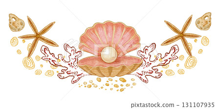 Seashell with pearl and starfish wide watercolor design. Hand drawn line art with sand and coral in colored pencil style. Great for summer travel card or holiday print. Perfect for coastal artwork. Seashell with pearl and starfish wide watercolor design. Hand drawn line art with sand and coral in colored pencil style. Great for summer travel card or holiday print. Perfect for coastal artwork. 131107935