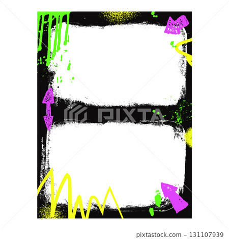 Grunge black double frame template with arrow and aerosol paint. Graffiti spray art layout background. Border with airbrush lines. Ink decor for photo. Retro texture poster. Vector hip hop wall cadre 131107939