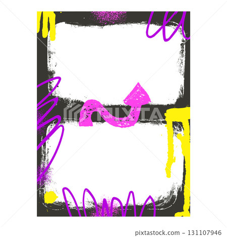 Grunge diptych frame template with fuchsia and yellow arrow and aerosol paint. Graffiti spray art background. Border with airbrush lines. Vector hip hop wall cadre 131107946