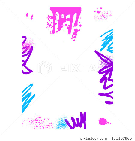 Grunge white template frame. Graffiti spray art mockup sticker background. Border with airbrush lines. Ink decor for photo and text. Overlay vector retro texture on poster 131107960