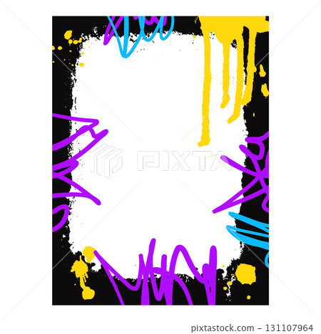 Grunge black template frame. Graffiti spray art mockup background for photo. Overlay vector retro texture blank 131107964