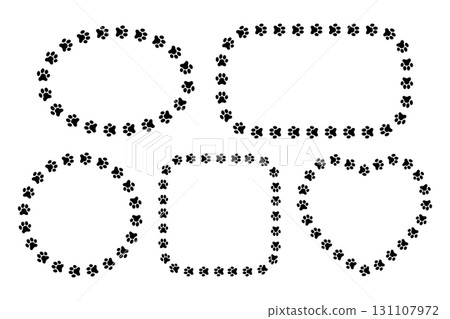 Oval, rectangle, round, square and heart frames with dog or cat paw prints. Templates for pet photo vignettes, greeting or invitation cards, pictures or banners. Vector graphic illustration Oval, rectangle, round, square and heart frames with dog or cat paw prints. Templates for pet photo vignettes, greeting or invitation cards, pictures or banners. Vector graphic illustration 131107972