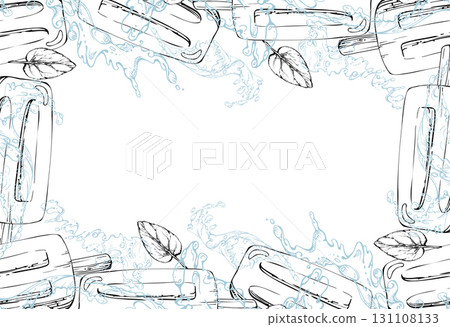 Ice lolly popsicle stick with fresh mint leaves in water splashes, waves and drops. graphic frame illustration hand drawn in vector ink. Cafe branding, frozen dessert label, eco takeaway packaging 131108133