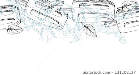 Ice pop lolly popsicle splashing through mint leaves, waves and drops hand drawn in vector ink. graphic seamless banner border header. Kids menu sticker, sweet product card, confectionery branding Ice pop lolly popsicle splashing through mint leaves, waves and drops hand drawn in vector ink. graphic seamless banner border header. Kids menu sticker, sweet product card, confectionery branding 131108137
