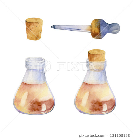 Filled glass vial bottle, cork stopper, dropper pipette. Single object isolated illustration hand drawn in watercolor. Natural skincare solution, perfume sampling, apothecary decor, essential oil. Filled glass vial bottle, cork stopper, dropper pipette. Single object isolated illustration hand drawn in watercolor. Natural skincare solution, perfume sampling, apothecary decor, essential oil. 131108138